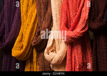 Madagascar, Ambalavao, Soalandy Silk Workshop, loosely woven colourful silk scarves Stock Photo