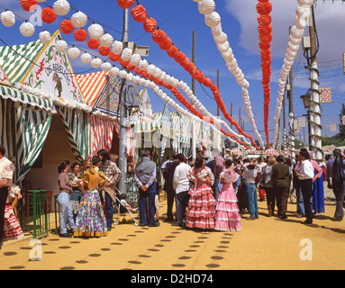 Colourful casetas at Feria de abril de Sevilla (Seville April Fair), Seville, Sevilla Province, Andalucia, Spain Stock Photo