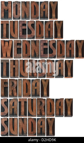Days of the Week in Printing Blocks Isolated on White Background Stock Photo