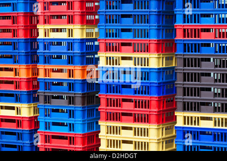 Bright Color Plastic Containers Piles. Horizontal shot Stock Photo