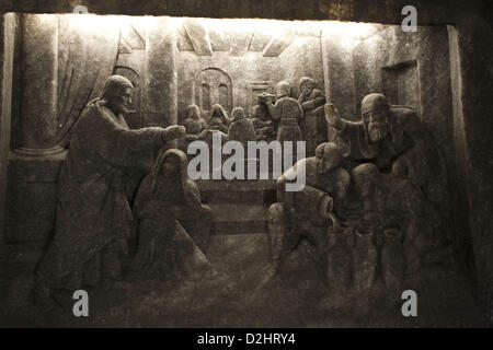 June 16, 2009 - Wieliczka, Poland - Biblical scenes carved into the wall of the largest of the chapels, the Chapel of the Blessed King..The Wieliczka salt mine, located in southern Poland near the city of Krakow, has been worked as a source of rock salt since the late 13th century. The total length of the galleries, in which are to be found wells, corridors, labyrinths, excavations of all sorts, rooms, and even chapels cut out of the salt, with altars, pulpits and statues, is some 300 km, connecting more than 2,000 excavation chambers on nine underground levels. It extends 5 km to the east and Stock Photo