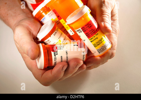 Medications taken by a chronically ill senior patient. Stock Photo