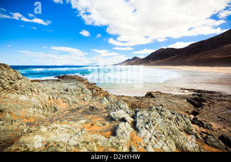 Beach at Cofete on the south western coast of Fuerteventura. View from La Islota. Stock Photo