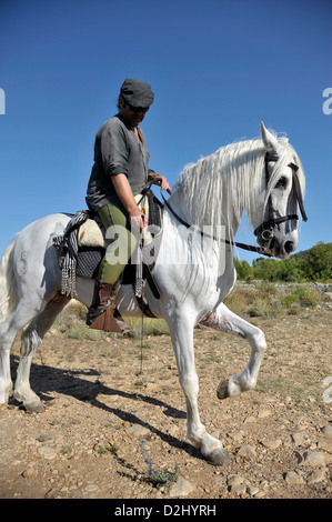 spanish man in his forties and his white Andalusian Gelding outside in the countryside in the mountains of the Costa Blanca Stock Photo