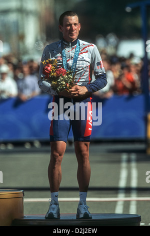 Lance Armstrong with his bronze medal for the individual time trial at the 2000 Olympic Summer Games. Stock Photo