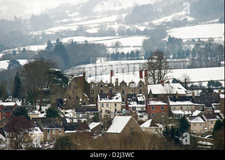 Winter snow picturesque view over the booktown of Hay-on-Wye Powys Wales UK Stock Photo