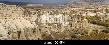 Panorama of phallic Fairy Chimneys in Love Valley Goreme National Park Turkey and Cavusin village Stock Photo