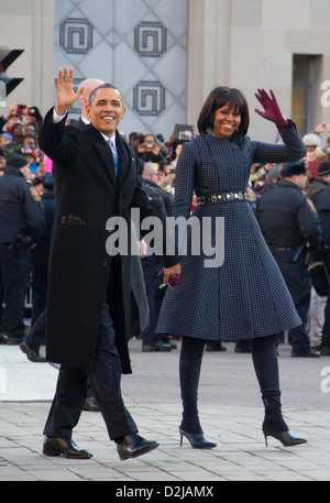 President Barak Obama and First Lady Michelle walk on Pennsylvania Ave during the Inaugural Parade. Stock Photo