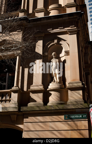 Statue of Capt James Cook - The Department of Lands building is late nineteenth century building in Bridge Street, Sydney, Stock Photo