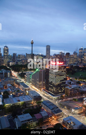 Sunset over Sydney CBD with William Street in foreground. Elevated aerial view  from Darlinghurst Sydney Australia Stock Photo