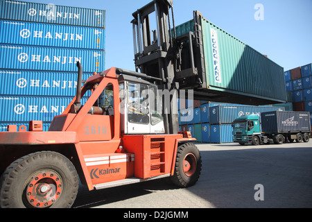 Hamburg, Germany, a frame truck transporting empty containers Stock Photo