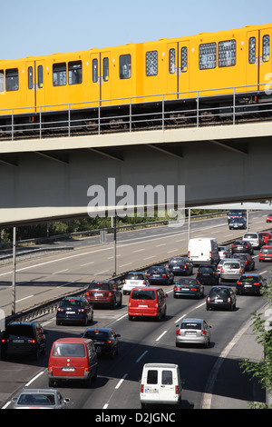 Berlin, Germany, a traffic jam on the freeway with subway on a bridge Stock Photo