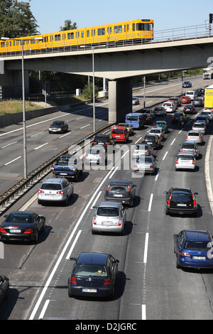 Berlin, Germany, a traffic jam on the freeway with subway on a bridge Stock Photo