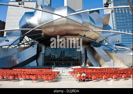 Jay Pritzker Pavilion, designed by Frank Gehry, is a performing arts venue inside Chicago's Millennium Park. Stock Photo