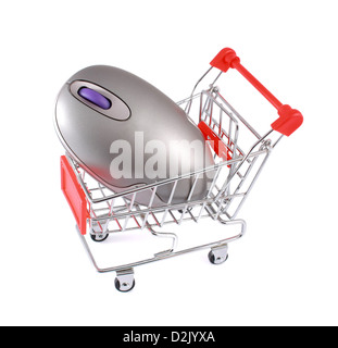 Wireless computer mouse in shopping cart isolated on white Stock Photo