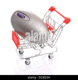 Wireless computer mouse in shopping cart isolated on white with reflection Stock Photo