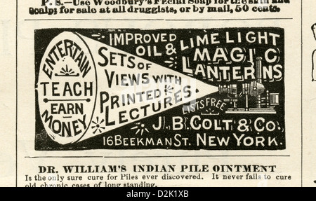 1890 advertisement, J.B. Colt & Co. Magic Lanterns. A magic lantern is an early type of image projector. Stock Photo