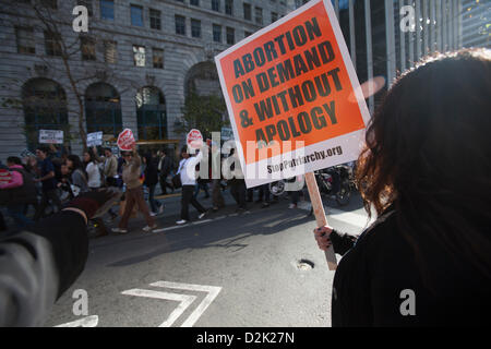 San Francisco. Jan 26th, 2013. Pro choice supporters turned out to voice their opinion in opposition to the very large west coast 'walk for life' rally that easily numbered in the thousands of participants in San Francisco January 26, 2013. Stock Photo