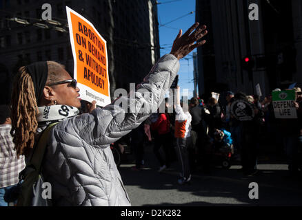 San Francisco. Jan 26th, 2013. Pro choice supporters turned out to voice their opinion in opposition to the very large west coast 'walk for life' rally that easily numbered in the thousands of participants in San Francisco January 26, 2013. Stock Photo
