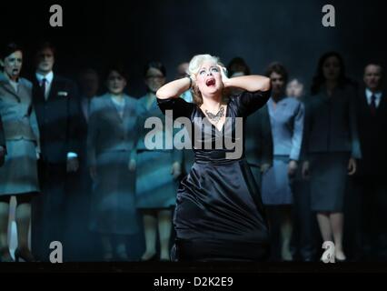 Laura Parfitt as Marilyn Monroe performs on stage during rehearsals of the opera 'Happy Birthday, Mr. President' by Kriss Russmann (music) and Syllaynn Kleibel (text) at Volkstheater Rostock in Rostock, Germany, 25 January 2013. The opera will be performed for the first time on 27 January 2013. The plot is for the most part fictitious and will take a look at the life of US diva Marilyn Monroe (1926-1962). Photo: BERND WUESTNECK Stock Photo
