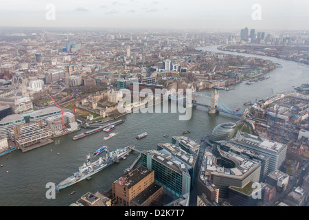 HMS Belfast, City Hall, Tower of London, Tower Bridge, Canary Wharf, the Thames from the Shard Stock Photo