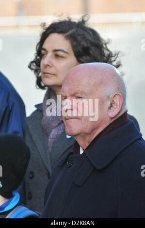 Millenium Bridge, London, UK. 27th January 2013. Ben Helfgott a survivor of the Holocaust watches a choir singing in remembrance of those who died, as the Holocaust Memorial Day commemoration takes place at the Millennium Bridge. A choir and survivors of the Holocaust took part in the ceremony. Credit: Matthew Chattle/Alamy Live News Stock Photo