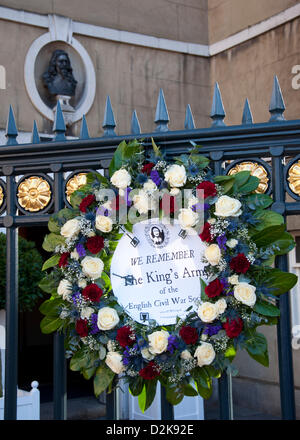 London, UK. 27th Jan, 2013.  A wreath attached to Banquetting House on Whitehall. The bust of Charles I marks the spot where he was led from the palace on to the gallows to be executed. Credit: Andy Thornley/Alamy Live News Stock Photo