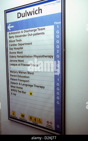 Hospital war/department signage, King's College Hospital, Dulwich, southeast London, UK. Stock Photo