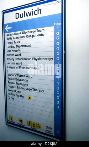 Hospital ward/department signage, King's College Hospital, Dulwich, southeast London, UK. Stock Photo