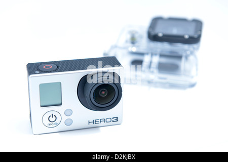 GoPro Hero 3 Black Edition camera with waterproof casing in the background Stock Photo