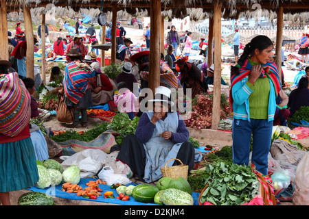 Fruit and vegetable stalls in Chinchero market , Sacred Valley , near Cusco , Peru Stock Photo