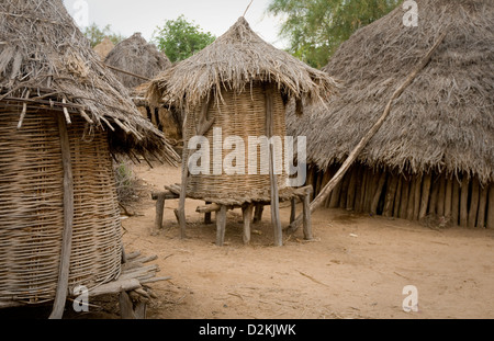 Huts in Kara village and granery hut Stock Photo