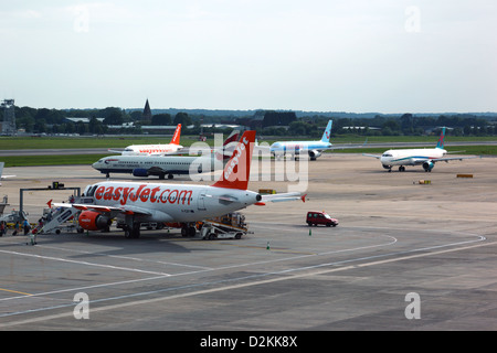 Easyjet, British Airways and Thomson aircraft at south terminal, London Gatwick Airport, near Crawley, West Sussex, England