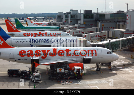 Easyjet, Thomas Cook and Air Lingus aircraft parked on ramp at South Terminal, LGW London Gatwick Airport, near Crawley, West Sussex, England Stock Photo