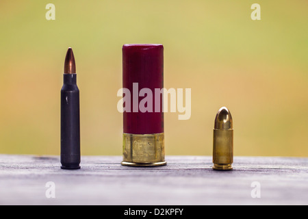 3 types of bullets lined on a table Stock Photo