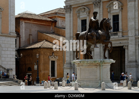 Rome. Italy. The central equestrian statue of Marcus Aurelius in the Renaissance Piazza del Campidoglio (Capitol Square). Stock Photo