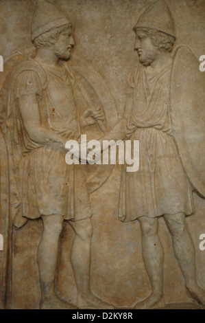 Funerary stele of Sosias and Kephisodoros. Detail of two soldiers. 410 BC. Pentelic marble. Found at Athens. Pergamon Museum. Stock Photo