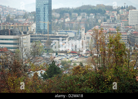 A Bosnian Serb sniper's view of Sarajevo from the old Jewish cemetery on Mount Trebevic above the city. Stock Photo