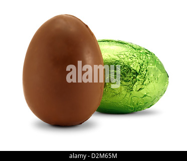 chocolate easter eggs one still wrapped in foil a western custom given to children as gifts Stock Photo