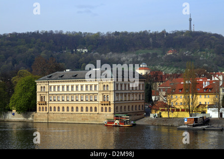 The Elbis, paddle steamer sailing on the river ' Vltava ' Charles Bridge and Kampa Island, Prague, Praha, Czech Republic. Stock Photo