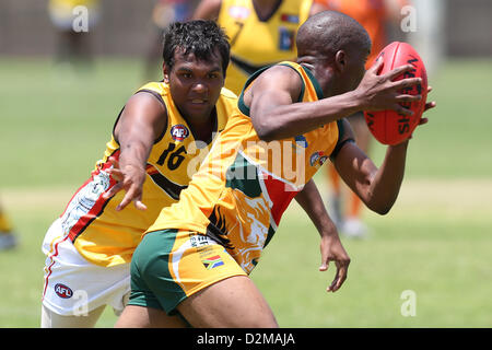 POTCHEFSTROOM, SOUTH AFRICA - JANUARY 28, Kyle Jackson (Whyalla, SA) of the Australian Boomerangs during the AFL Game 1 match between the Flying Boomerangs and South African Lions under 18's at Mohadin Cricket Ground on January 28, 2013 in Potchefstroom, South Africa Photo by Roger Sedres / Image SA Stock Photo