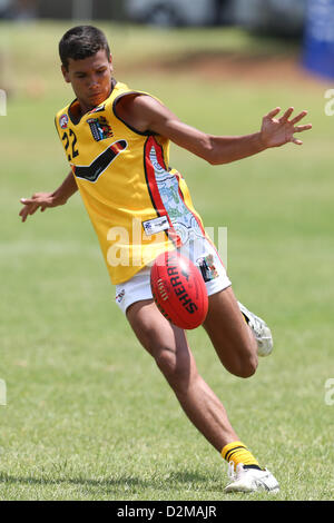POTCHEFSTROOM, SOUTH AFRICA - JANUARY 28, Callum AhChee (Armadale, WA) of the Australian Boomerangs during the AFL Game 1 match between the Flying Boomerangs and South African Lions under 18's at Mohadin Cricket Ground on January 28, 2013 in Potchefstroom, South Africa Photo by Roger Sedres / Image SA Stock Photo