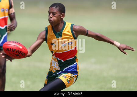 POTCHEFSTROOM, SOUTH AFRICA - JANUARY 28, Banini Sekori(NW Dockers) of the SA Lions during the AFL Game 1 match between the Flying Boomerangs and South African Lions under 18's at Mohadin Cricket Ground on January 28, 2013 in Potchefstroom, South Africa Photo by Roger Sedres / Image SA Stock Photo
