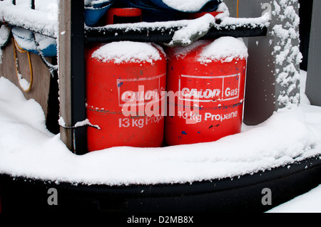 Calor Gas bottles on narrowboat in winter Stock Photo