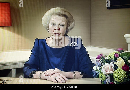 A television grab taken from Dutch TV channel NOS shows Dutch Queen Beatrix announcing her abdication on 28 January 2013. Queen Beatrix announced on 28 January 2013, in a previously recorded speech, that she will abdicate and give the throne to Crown Prince Willem-Alexander on 30 April 2013. EPA/NOS / HANDOUT HANDOUT EDITORIAL USE ONLY/NO SALES  (Quality Repeat) Stock Photo