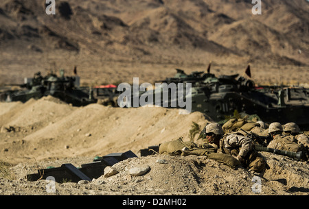 U.S. Marine Corps 3rd Battalion 4th Marine Regiment infantry participate in Integrated Training Exercise (ITX) 13-1 at Twentynine Palms Marine Corps Base, California 22 Jan, 2013. The ITX is the training exercise that Marines come to prior to deploying to Stock Photo