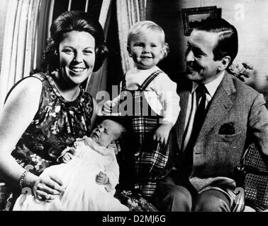 Amsterdam, Netherlands. 28th January 2013.  Dutch QUEEN BEATRIX, who turns 75 on Thursday, announced she will abdicate in favor of her son, Prince Willem-Alexander, who will become king on April 30. PICTURED: Oct. 19, 1968 - Amsterdam, Holland, Netherlands - PRINCESS BEATRIX of the Netherlands, her husband PRINCE CLAUS von AMSBERG, and their two sons PRINCE WILLEM-ALEXANDER, top, and PRINCE JOHAN FRISO. (Credit Image: © KEYSTONE Pictures USA/ZUMAPRESS.com) Stock Photo