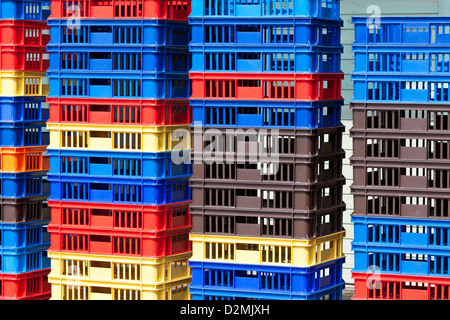 Bright Color Plastic Containers Piles -II. Horizontal shot Stock Photo