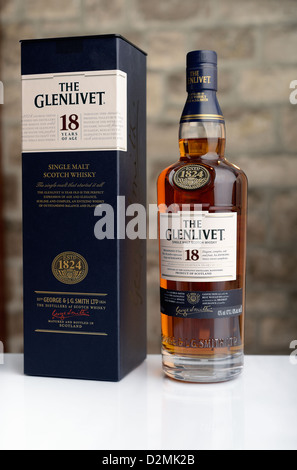 bottle of Glenilvet 18 years old single malt scotch whisky and box with white space at bottom for copy Stock Photo