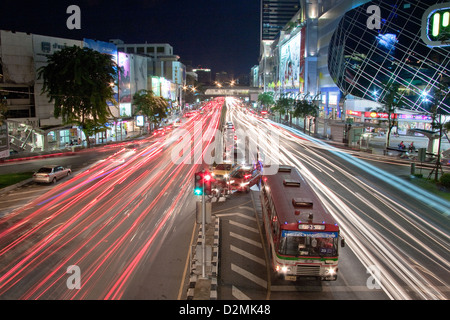 Bangkok City Traffic at Siam / National Stadium BTS looking down Phaya Thai Road towards Samyan & Sala Daeng Stock Photo